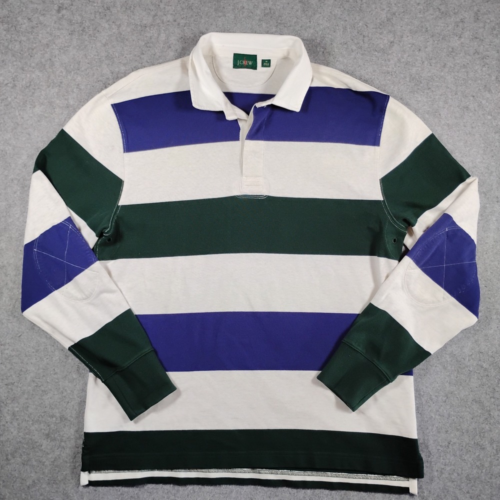 J.Crew Rugby Shirt Mens Medium Striped Long Sleeve Elbow Patch Green Blue BN426